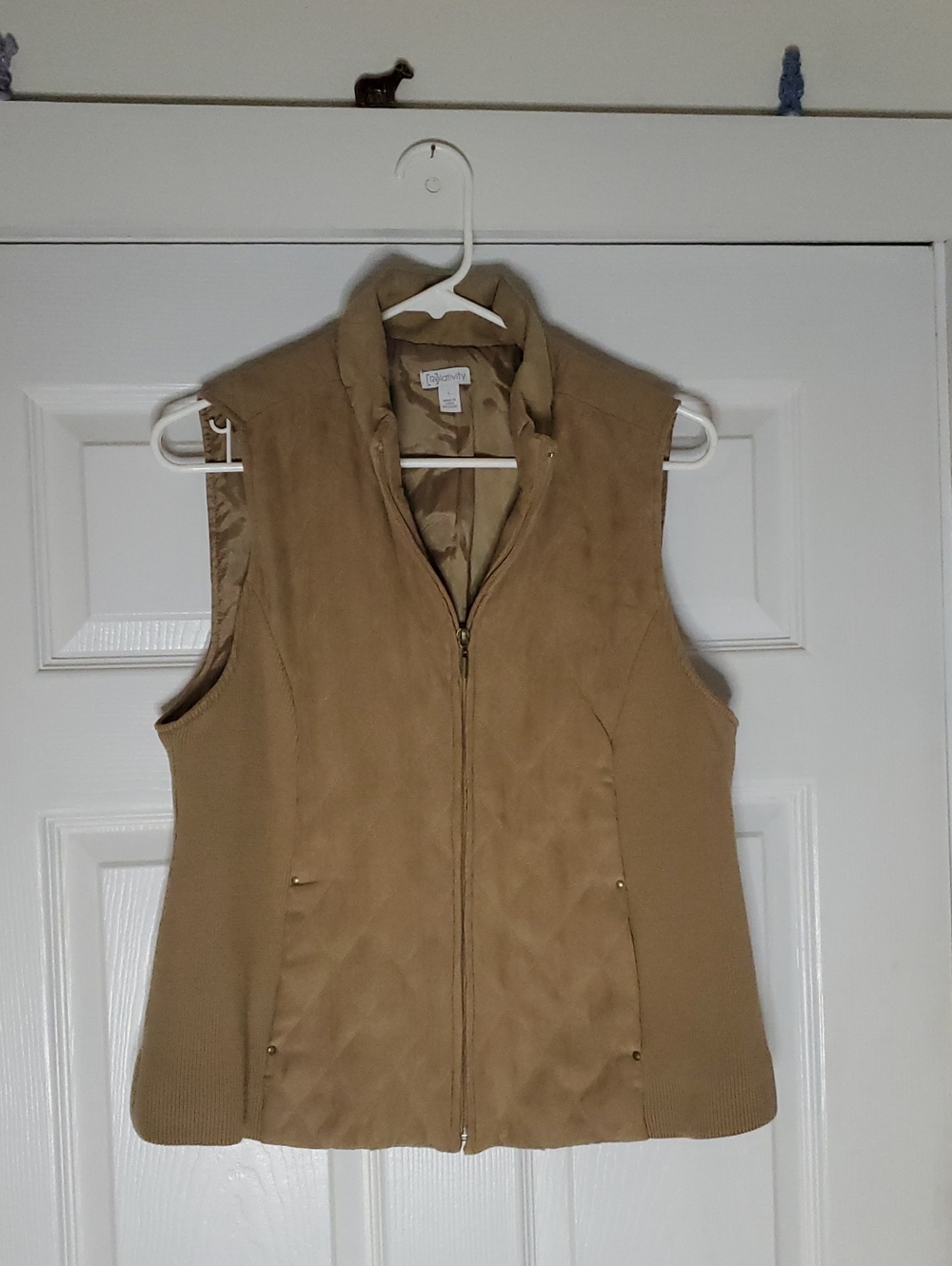 Relativity Sleeveless  Quilted Suede Like Zip-Front Vest in Tan